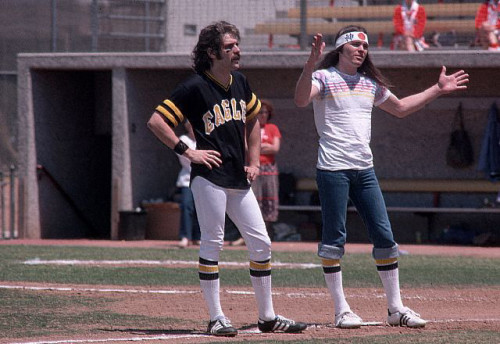 May 1978 --- Glenn Frey and Timothy B. Schmit of the Eagles, stand in the field during a charity baseball game hosted by the Eagles.  The Eagles were the most popular band of the seventies and their reunion tour in the nineties was also very successful. --- Image by Â© Henry Diltz/CORBIS