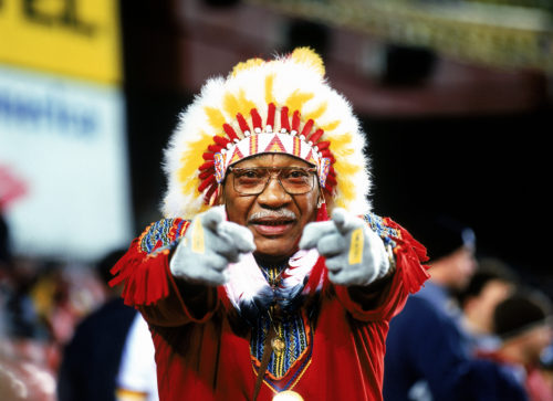 WASHINGTON, D.C. - DECEMBER 27: Washington Redskins fan "Chief Zee" watches the game against the Philadelphia Eagles on December 27, 2003 at FedEx Field in Washington, D.C. (Photo by Jerry Driendl/Getty Images)